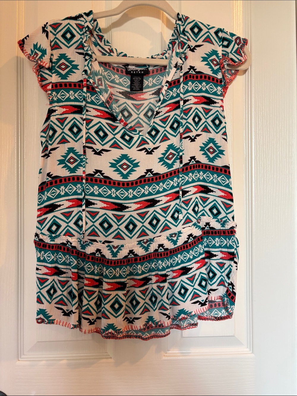 Wrangler Teal, Red & White Aztec V-Neck Flutter Sleeve Top